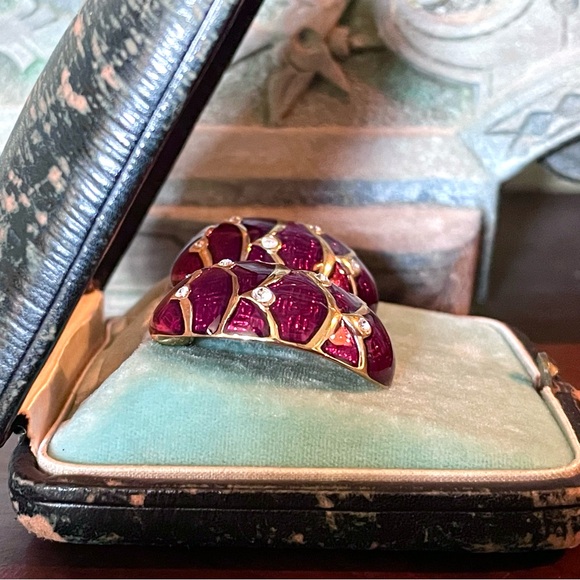 Vintage Joan Rivers Red & Green Enamel Rhinestone Egg Post Earrings x 2 Pairs - Picture 5 of 8